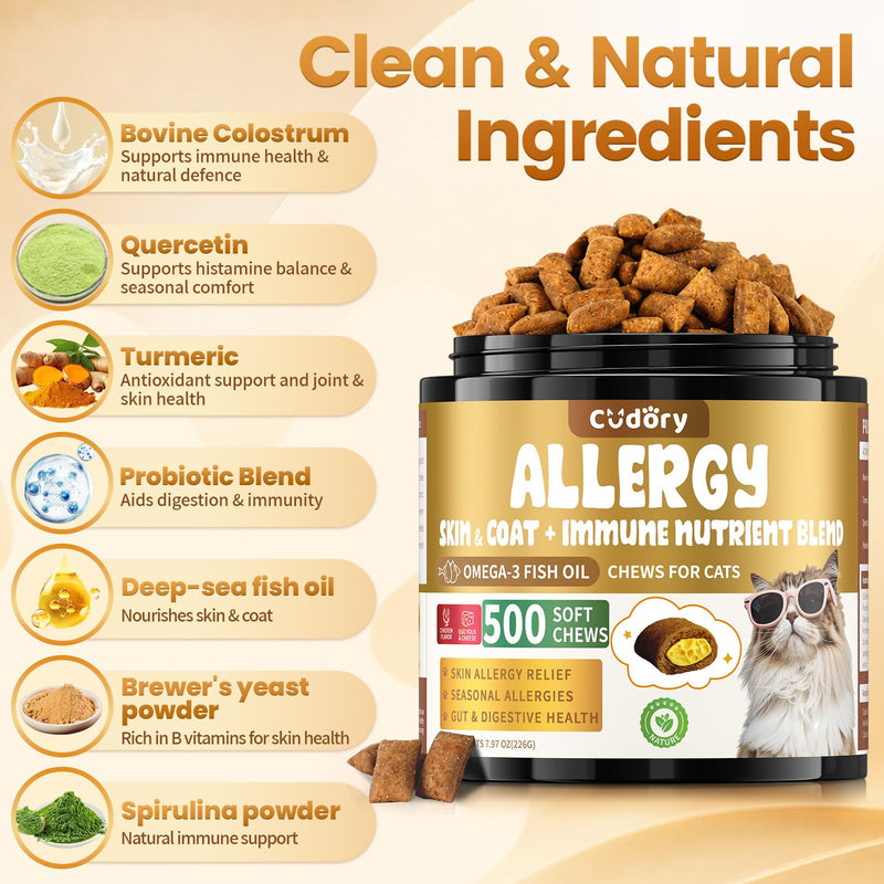 Cat Allergy Relief Chews for Cats, 500 Crunchy & Creamy Treats, Supports Itchy Skin, Paw Licking, Sneezing & Watery Eyes, Omega-3 Fish Oil + Probiotics, Immune Skin & Coat Support(90-Day Supply)