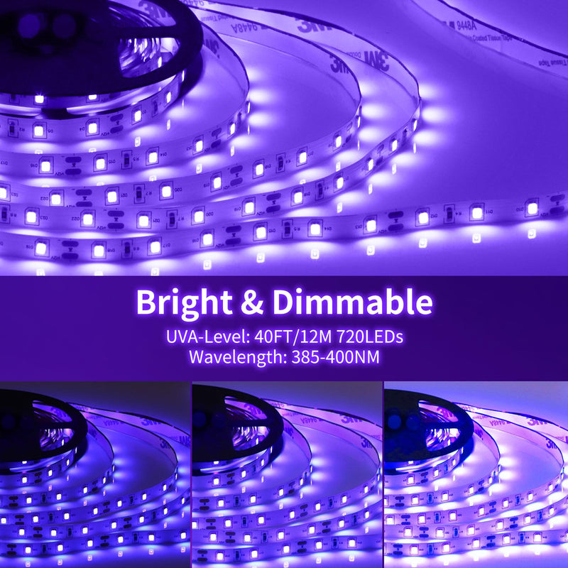 Dimmable Black Light Strip Kit 40ft/12M 720 LEDs, 12V Flexible Blacklight Fixtures, 385nm-400nm, Black Light LED Strips for Glow Party Fluorescent Poster Halloween Indoor Bedroom Decor, Non-Waterproof Dimmable-40ft/12M