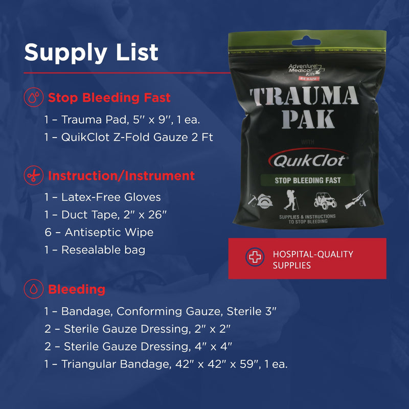 Adventure Medical Kits Trauma Pak with QuikClot & QuikClot Gauze 3" x 2’ - Medical Kit with Gloves, Gauze, Dressing & More - First Aid Kit Includes QuikClot Dressing - Supplies for Wound Care