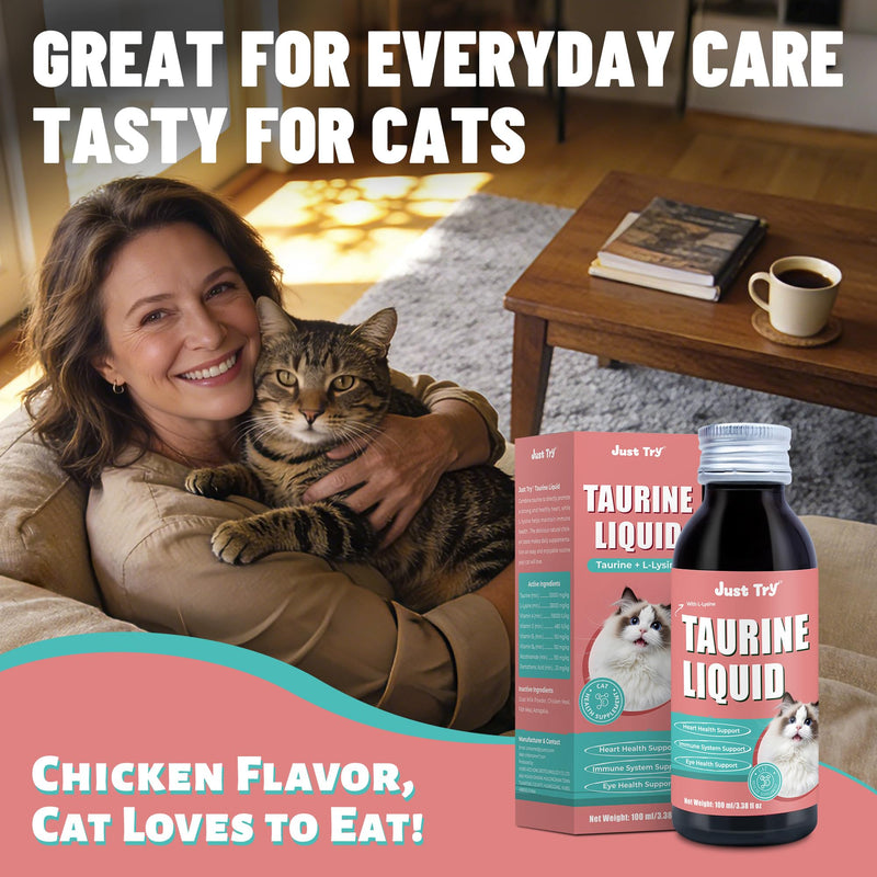 Just Try 3.38 fl oz Taurine & L-Lysine Supplement for Cats - Vitamins & Taurine for Immune Support & Allergy Relief - Lysine for Sneezing, Runny Nose and Watery Eyes - 100ML Chicken Flavor