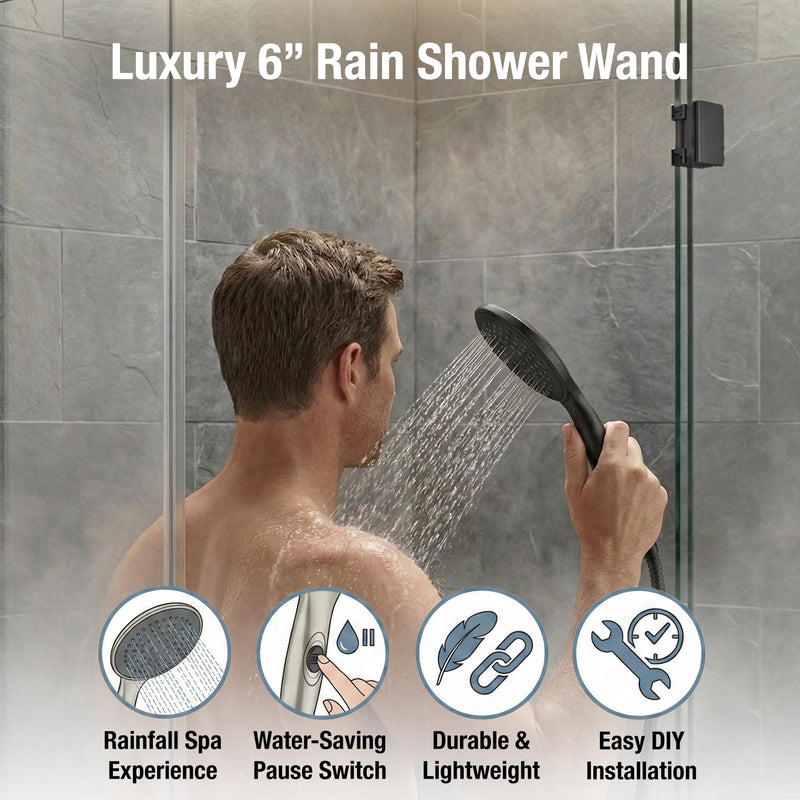 Dura Faucet DF-SA434-MB RV 6 inch Rain Shower Wand (Matte Black) | Single-function handheld spray with water-saving control. Fits standard RV shower hoses. Matte Black
