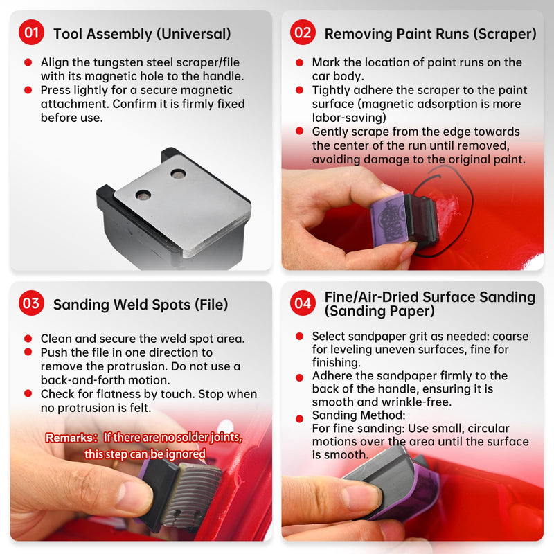 Automobile Spray Paint Point Repair Scraper with Removable Handle,Carbide Tungsten Repair Scraper Tool Paint File for Edge Banding, Denibbing, and Spot Repair Double-hole+handle+box+sandpaper