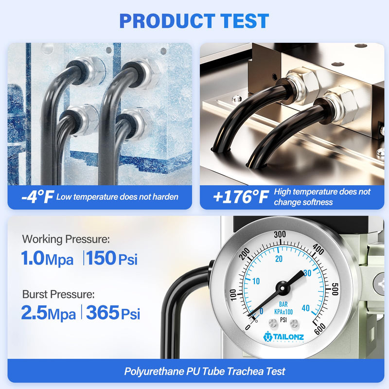 TAILONZ PNEUMATIC Black 1/4 Inch OD 10 Meter 32.8ft PU Polyurethane Air Tubing Kit Pipe Hose Air Line Tubing Air Hose Fittings Push to Connect Fittings(27PCS) 1/4" OD