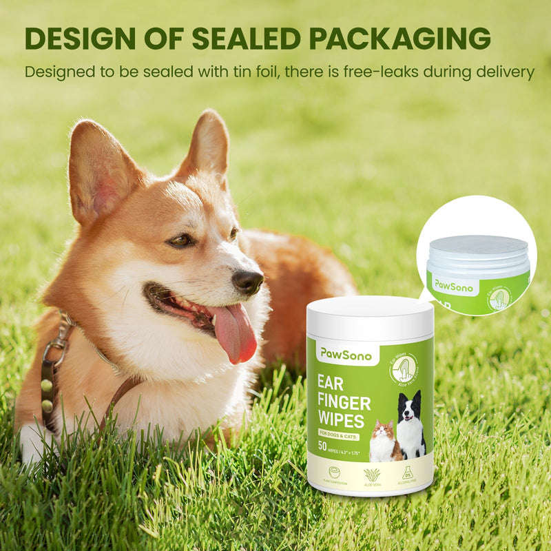 PawSono Ear Finger Wipes Eye Wipes for Dogs & Cats, Thicker Dog Ear Cleaner Wipes, Natural Relief Cat Ear Cleaner Dog, Pet Health Supplies for Dog Kitten Small Animal, Aloe Scent Deodorizing - 100 P 100 Count