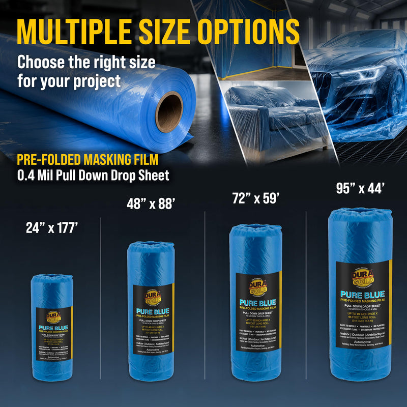 Dura-Gold 95" x 44' Pure Blue Pre-Folded Masking Film, (3 Pack) Painters Plastic Roll (0.4 Mil), Pull Down Drop Sheet, Pre-Folded Plastic Sheeting for Painting Protection on Auto, Walls, Furniture
