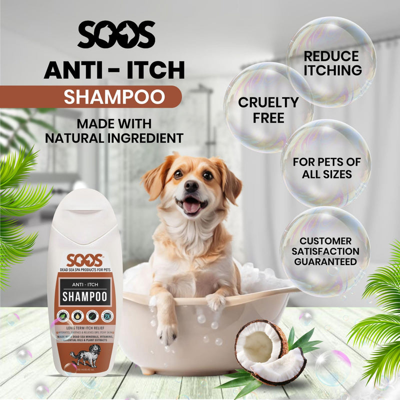 Soos Pet Shampoo Anti-Itch Cat and Dog Shampoo Dead Sea Minerals Fast Absorbing Soothes Itching Clean Fur with Vitamins Essential Oils Natural Ingredients - 1x Bottle (250ml) - PawsPlanet Australia