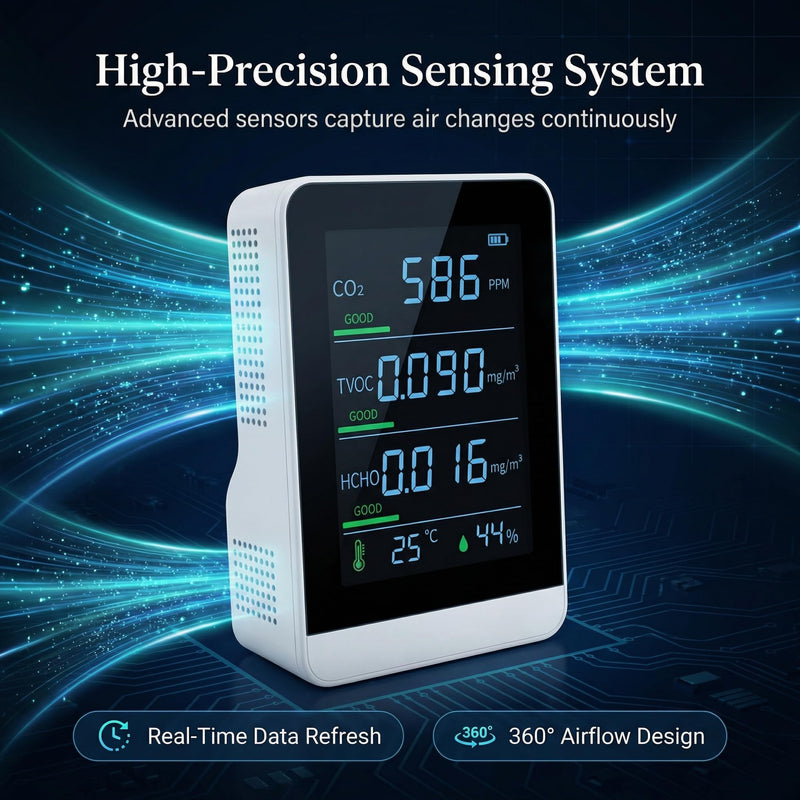 5-in-1 Indoor Air Quality Monitor, Professional CO2 Detector & Formaldehyde (HCHO) Tester, Portable TVOC Digital Hygrometer Thermometer for Home Office Car, White