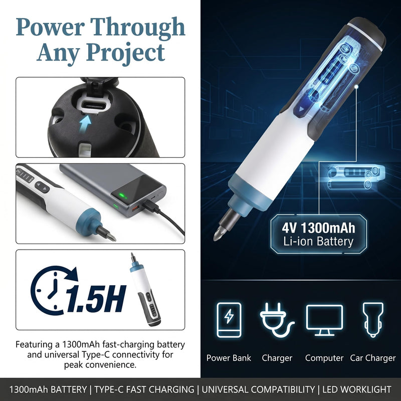 Hantinstom 3.7V Cordless Electric Screwdriver Kit, Rechargeable Power Screwdriver with 26-Piece Magnetic Bit Set, Dual LED Light, USB Charging Cable & Carrying Case
