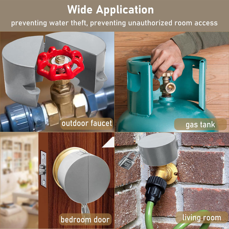 Gate Valve Locking Device with Lock - Outdoor Faucet Lock, Water Spigot Lock, for 1-1/2 to 3 in Dia Valve Handles, Prevent Water Theft, Unauthorized Water Use (Silver) Silver Metal