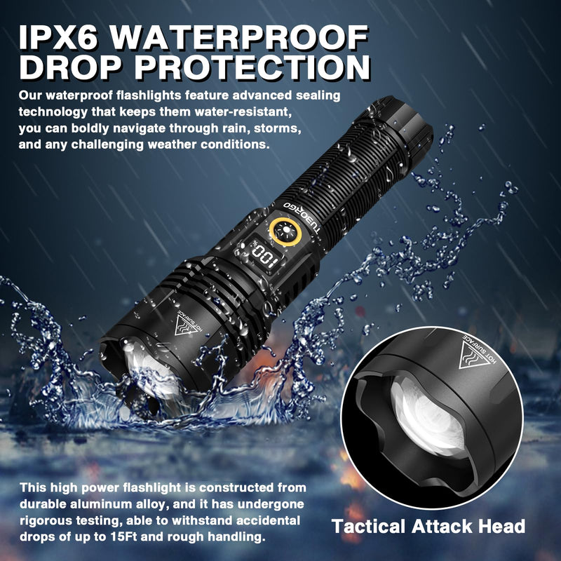 Rechargeable Flashlights 2200 High lumens, Super Bright LED Tactical Flashlight, Zoomable, IPX6 Waterproof, 6 Modes, Powerful Handheld Flash Light for Emergencies, Camping, Hiking Black