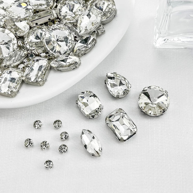 160PCS Glass Sew on Rhinestones, Flactback Sew On Claw Crystals for Crafts Costume Clothes Jewelry (Crystal Clear/White, Mixed Shapes) Crystal Clear