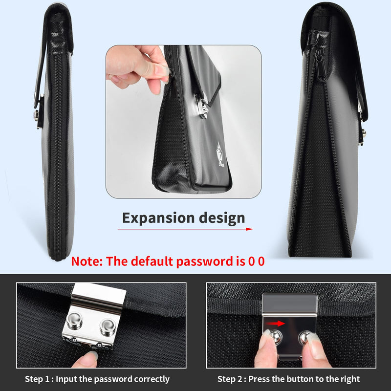 Fireproof Document Bag with Lock, 6400℉ Large Fire proof Money Bag (16.5"x12.2") for Cash Organizer Safe, 12-Layers Waterproof Zipper Holder Protects Passport, Important Documents, Valuables