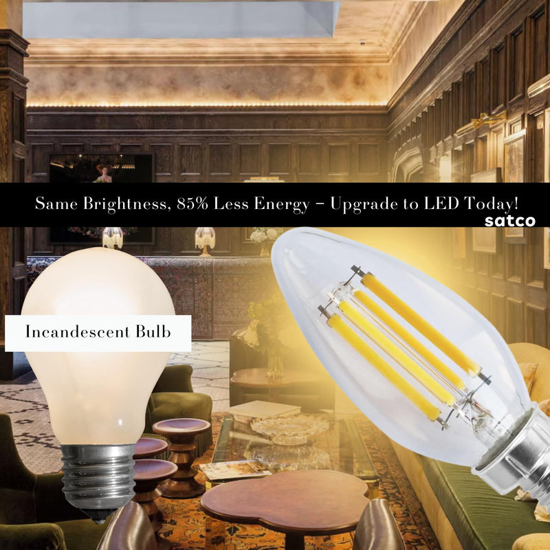 Satco S11385 8W C11 LED Filament Candle Bulb, 3000K Soft White, 760 Lumens, E12 Candelabra Base, Clear Finish, 90+ CRI, Dimmable, Energy-Efficient, for Chandeliers and Decorative Fixtures (6 Pack)