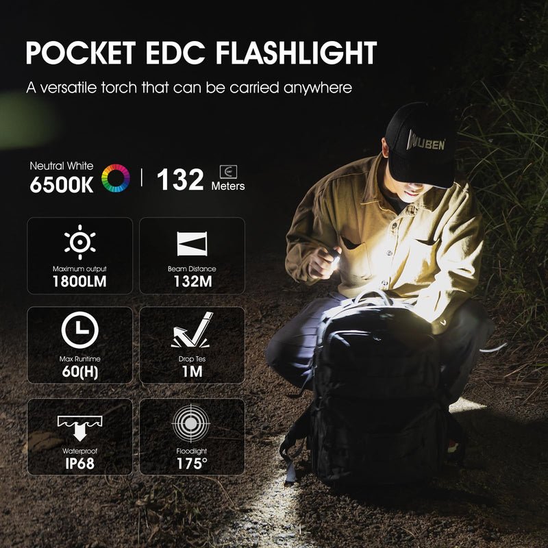 WUBEN E7 1800 Lumen Rechargeable Mini Flashlight with Magnet - Super Bright 6 Modes EDC Flashlight, Typ-C Rechargeable LED; IP68 Pocket Flashlight for Headlamp Use, Rescue, Camping Black(6500K)