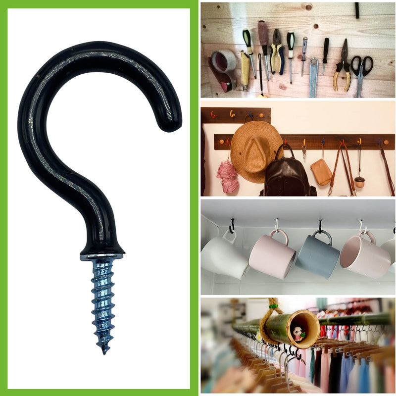 Small Black Screw-in Hooks Assorted Kit with Plugs, 1/2", 5/8", 3/4", 7/8", 1", 1-1/4" Vinyl Coated Cup Hooks for Hanging Home Decorations, Christmas Lights, Wind Chimes, Crafts - 46 Pcs 4 46pcs Vinyl Coated Cup Hooks Assorted Kit Vinyl Coated Black