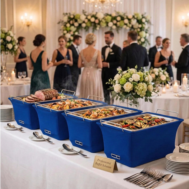 4-Pack Chafer Wind Guard- Decorative Fabric Chafer Wind Guard for Catering Buffet Wire Racks - Professional Food Warmer Stand Shield for Weddings & Outdoor Events (Blue) Blue