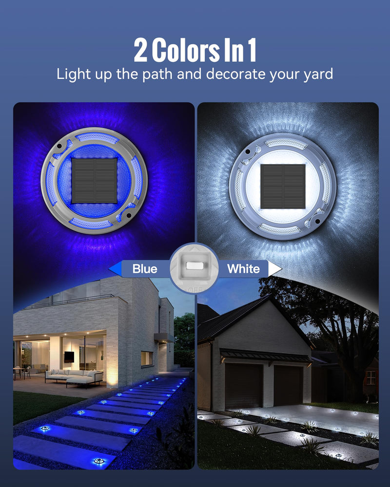 Solar Driveway Lights Dock Lights Waterproof 4 Pack, 2 Colors in 1, LED Solar Deck Lights for Outside, Solar Powered Ground Lights for Warning Driveway Stair Step Pathway(Blue & White) Blue Light & Cool White