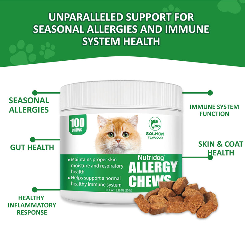 Cat Allergy Relief Chews for Seasonal Allergies - Itchy Skin, Sneezing & Paw Licking Remedy with Colostrum, Probiotics 300M CFU & Omega 3, Salmon Flavor Soft Chews, 100 Count Salomn