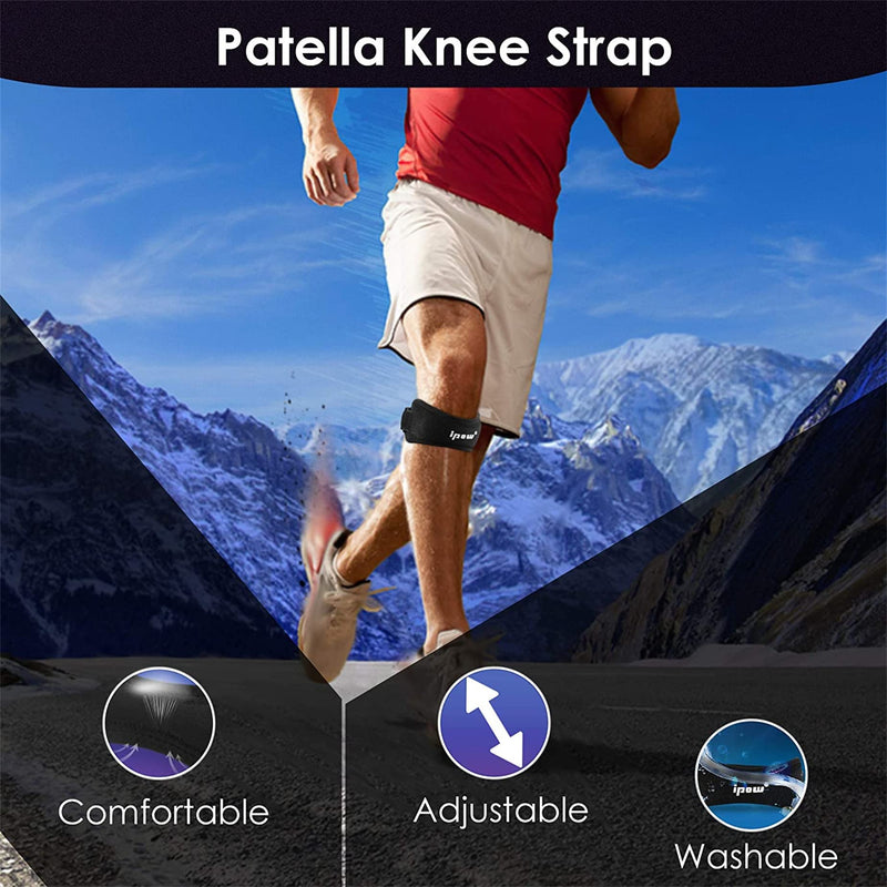 IPOW 2 Pack Knee Pain Relief & Patella Stabilizer Knee Strap Brace Support for Hiking, Soccer, Basketball, Running, Jumpers Knee, Tennis, Tendonitis, Volleyball & Squats, Black One Size