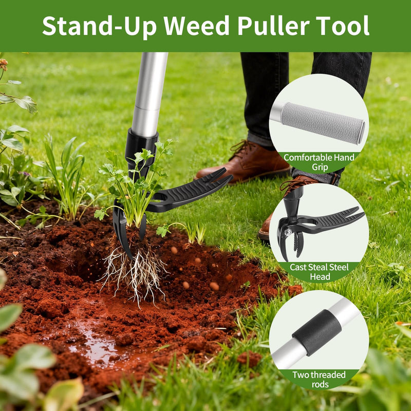 Hoffen Adjustable Stand Up Weeder (33-55 Inch), Lightweight Aluminum Weed Puller Tool, Telescoping Rotating Handle, 4-Claw Rust-Free, Corrosion-Resistant Gardening Tool for All Ages, Easy to Store