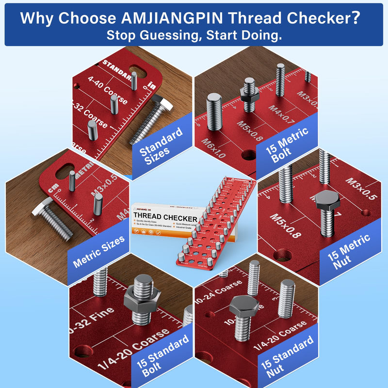 Thread Checker, 30 Nut & Bolt Thread Size Checker 15 Standard &15 Metric, Wall-Mounted Stainless Steel Thread Gauge Checker with Inch & Metric, Bolt Size Finder