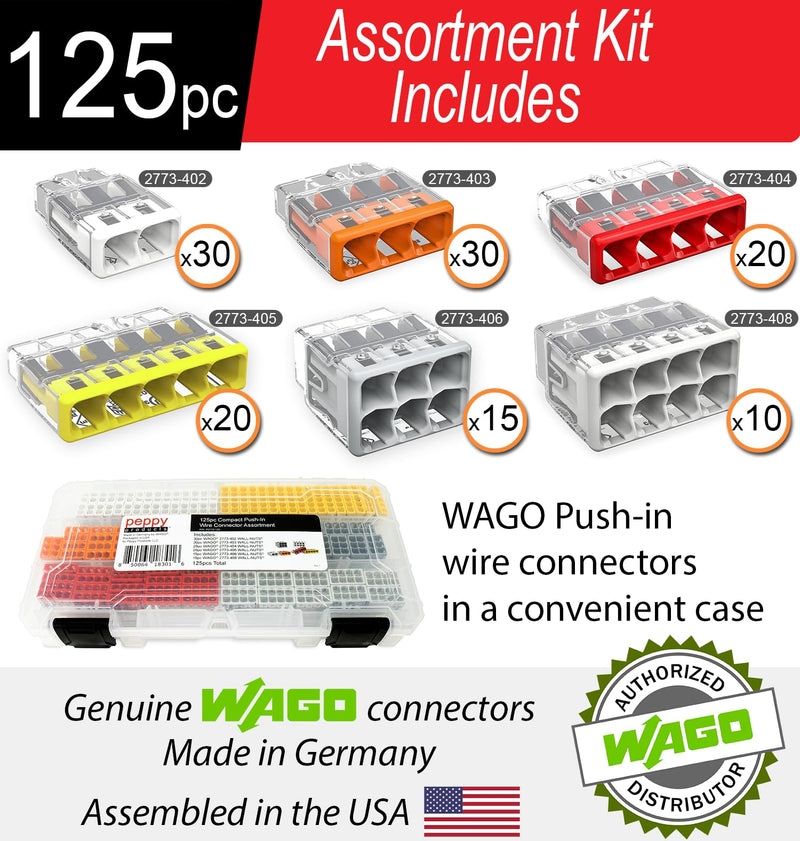 WAGO 2773 Wall Nuts 125pc Push-in Wire Connector Assortment Kit with Case | Splicing for Solid and Stranded Electrical Conductors | 2773-402, 2773-403, 2773-404, 2773-405, 2773-406, 2773-408 125pc Kit