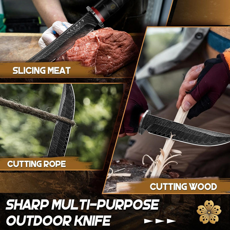 Purple Dragon Japanese Fixed Blade Knife - Fathers' Day Gift Idea for Dad with Gift Box - Samurai Katana Knife with Wooden Sheath - Razor Sharp Camping Knives for Survival Bushcraft