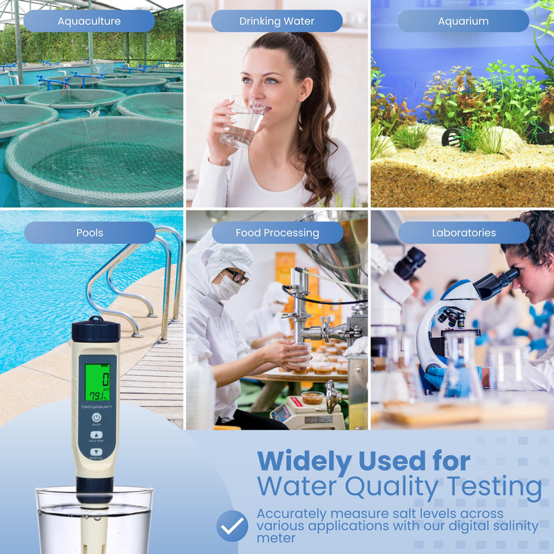 Pool Salt Tester & pH Meter - Digital Salt Water Pool Tester 5-in-1 Salinity pH Temp EC TDS Meter for Saltwater Pool, Hot Tub, Aquarium, Hydroponics, Drinking Water, High Accuracy Digital Pool Tester