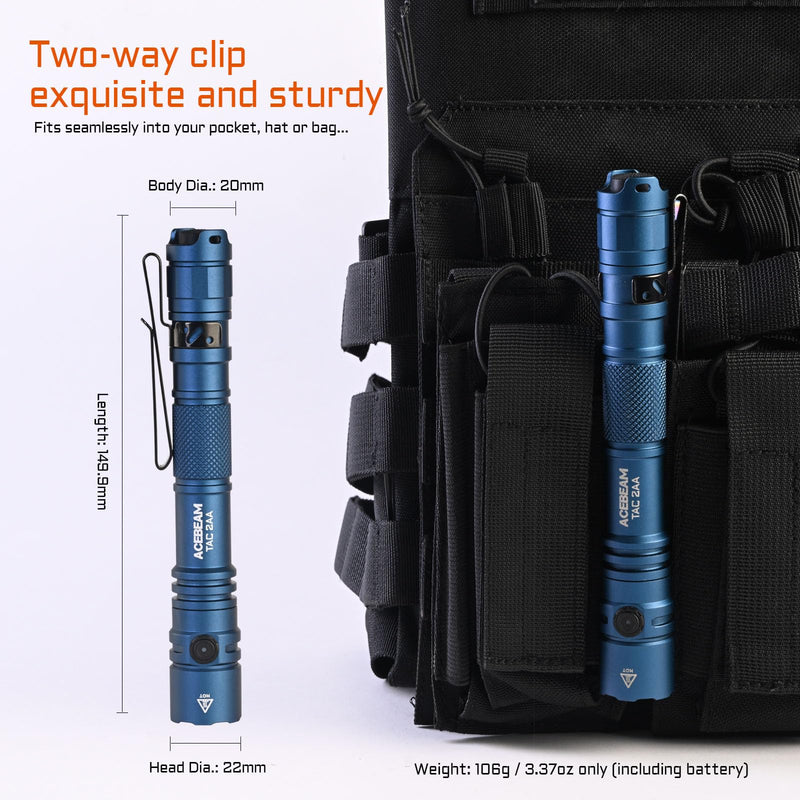 ACEBEAM TAC 2AA EDC Tactical Dual Modes Flashlight Rechargeable, 1400 High Lumens Flashlight, Dual Switch Pocket LED Flashlight, Super Bright Small Flash Light for Emergency, Camping, Home(SFT-25R HI) Blue 6500K-1400 Lumens 304 Meters