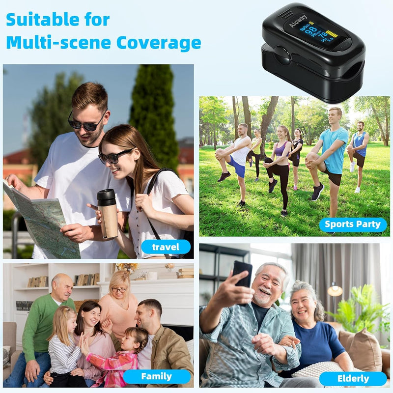 Pulse Oximeter, OLED Display Oxygen Monitor Fingertip with Case, Blood Oxygen Saturation Monitor (SpO2) with Alarm, Batteries & Lanyard (Black) Black