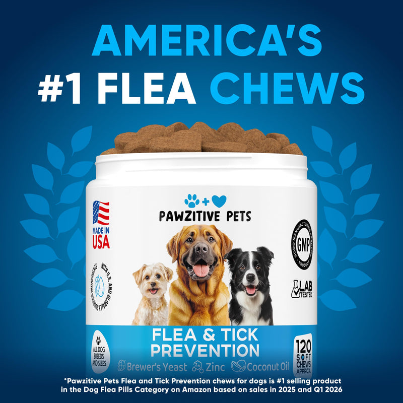 Chewable Flea and Tick Prevention for Dogs - 120 Soft Chews Made in USA - Oral Flea and Tick Control Pills for Small, Medium, Large Dogs and Puppies - Skin and Coat Supplement Treats for All Breeds Flea Support Chews