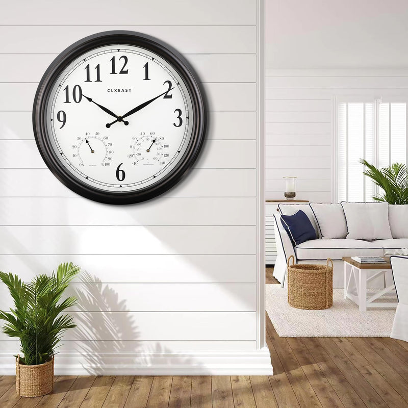 CLXEAST Indoor Outdoor Clocks Waterproof 16 Inch, Large Outdoor Clock with Temperature and Humidity for Patio,Porch,Pool,Oil Rubbed Bronze Black Finish,House Warming Gifts New Home Oil Rubbed Bronze Black