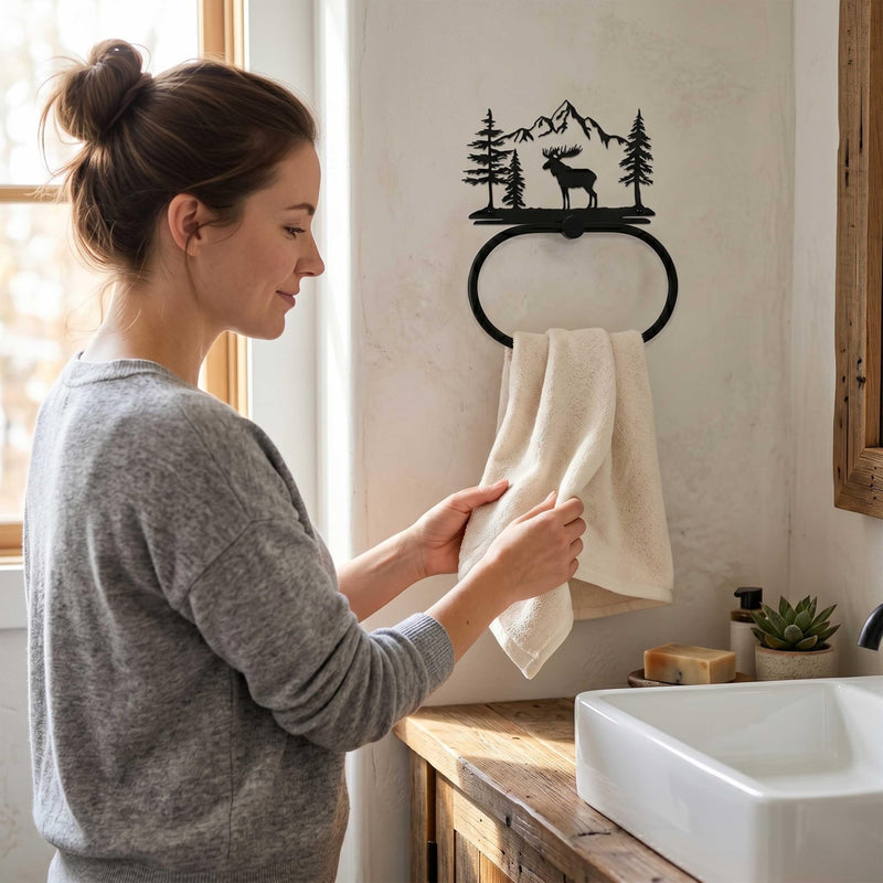 Moose Bathroom Decor - Mountain Hand Towel Ring for Cabin and Lodge Decor, Matte Black Metal Woodland Towel Hanger for Kitchen or Bathroom, Log Cabin Style Home Decor Gift Moose