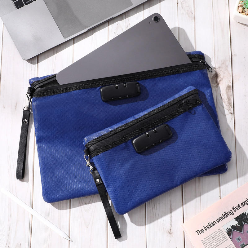 Nezyo Fireproof Safe Money Document Bag with Lock 2 Pcs Notary Journal Waterproof Bag with Zipper for A4 Storage Pouch File Passport Tablet, 14 x 10 Inch and 6.7 x 10 Inch(Blue) Blue