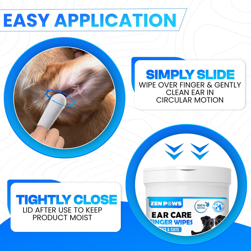 Zenpaws Dogs & Cats Ear Cleaner Finger Wipes - Relieve Ear Itching & Inflammation - Reduce Dirt, Odor and Wax Build - Natural Ingredients - Sooths & Deodorizes – 50 Count - PawsPlanet Australia