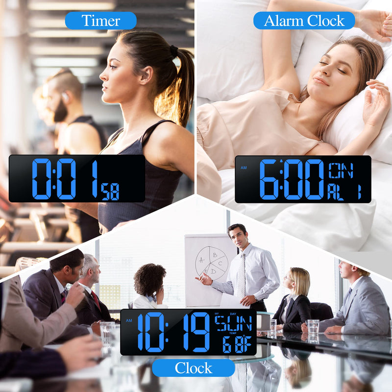Large Digital Wall Clock with Remote Control 17.2" LED Large Display Timer with Temperature Date Week Auto DST Adjustable Brightness, Big Wall Alarm Clock for Living Room Office Garage Gym Seniors 17.2in Blue