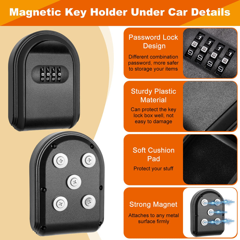 Magnetic Key Holder with Lock, Magnet Key Lock Box Hidden Under Car, Secure 4-Digit Combination with Resettable Code For for Indoor, Outdoor Store Car Key, Door Key (Black) Black