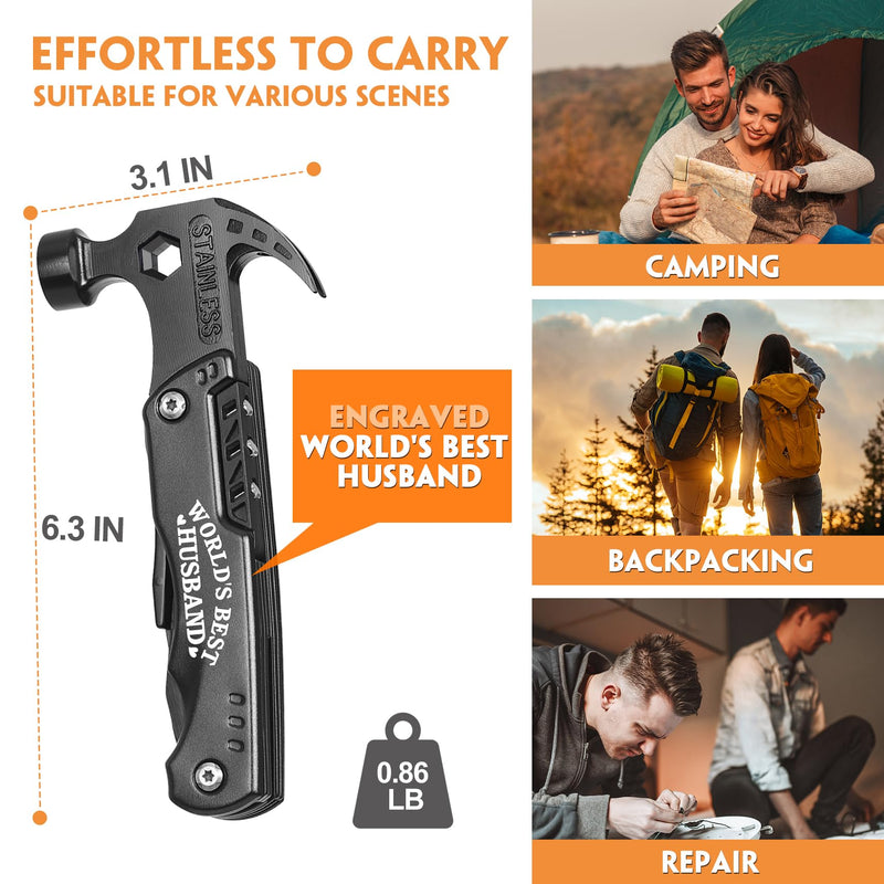 Valentines Day Him Gifts for Husband- Fathers Day Husband Gifts for Him, Husband Birthday Gift - Husband Gifts from Wife, Anniversary Christmas Ideal Gifts for Men Him - 15 in 1 Multitool Hammer WORLD'S BEST HUSBAND