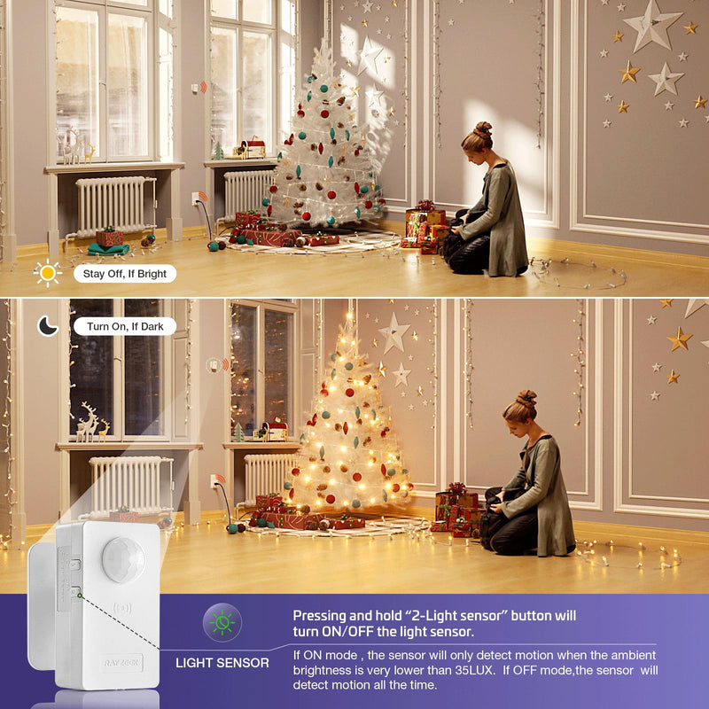 RAYZEEK Wireless Motion Sensor Control Outlet with Light Sensor,No WiFi/No APP, 2 PIR Sensor Switch Control 1 Plug for Christmas Tree Lights,Fans,Household Appliances,10A/1100W 2 Motion Sensor+plug