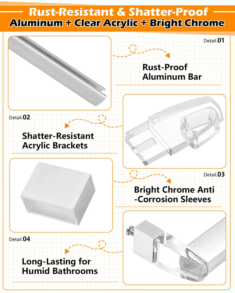 IWIWE 30" Long Chrome Framed Sliding Shower Door Towel Bar Kit - Clear Acrylic Brackets with Bright Chrome Sleeve, Replacement for Alumax/Basco Framed Sliding Glass Shower Door Towel Rod 30" Chrome Towel Bar (w/Clear Brackets)