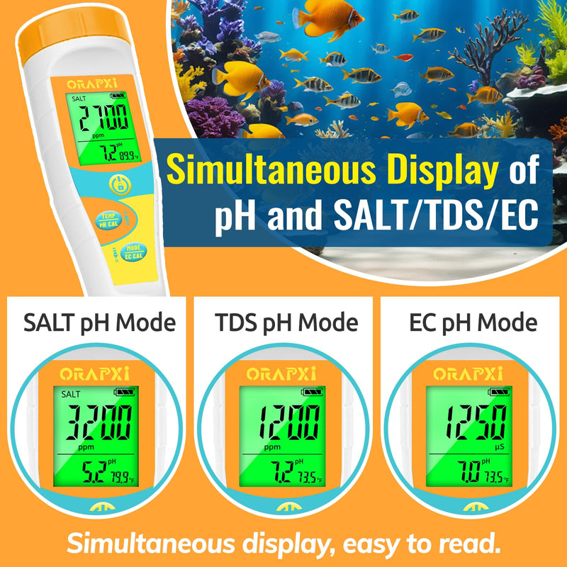 pH Meter Salinity Tester for Saltwater Aquarium Simultaneous Display of pH Salt for Saltwater Pool Update Aquarium pH Tester pH and Salt Meter for Saltwater Aquarium Reef Tanks Koi Pond