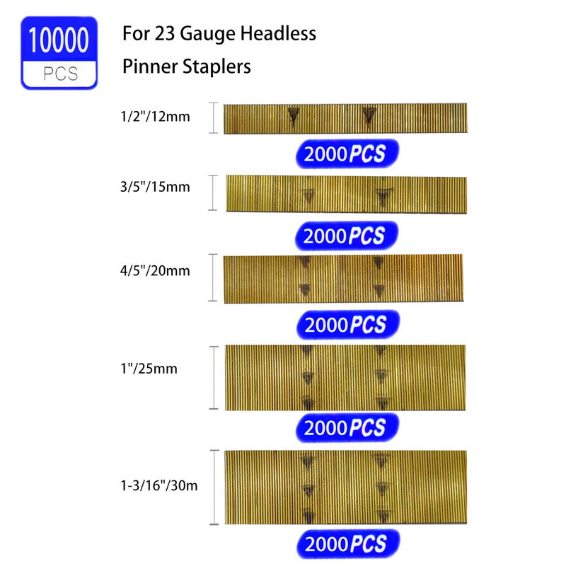 23 Gauge Pin Nails Headless Pinner Nails 10000 Pieces 5 Sizes, 1/2 inch to 1-3/16 inch, Often Used in a Variety of Wooden, Plastic Panels, Finished Cabinet Installation and Production