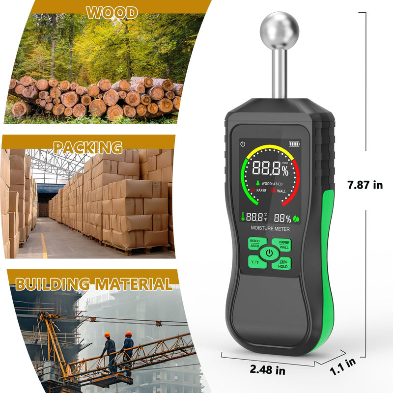 Pinless Moisture Meter, Non-Destructive Spherical Probe Moisture Tester for Wood, Drywall, Concrete & Masonry, Digital Water Leak Detector for Household & Construction Use