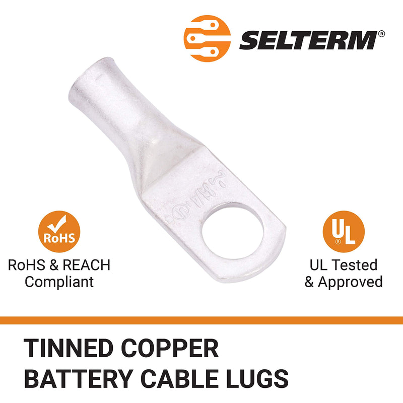 SELTERM 25pcs 8 AWG 1/4" Stud Marine Grade Tinned Copper Battery Cable Lugs, 8 Gauge Ring Terminals, UL Wire Lugs Electrical Battery Cable Ends, Tinned Copper Lugs Battery Terminal Connectors 8 Awg - 1/4" (M6) Ring 25