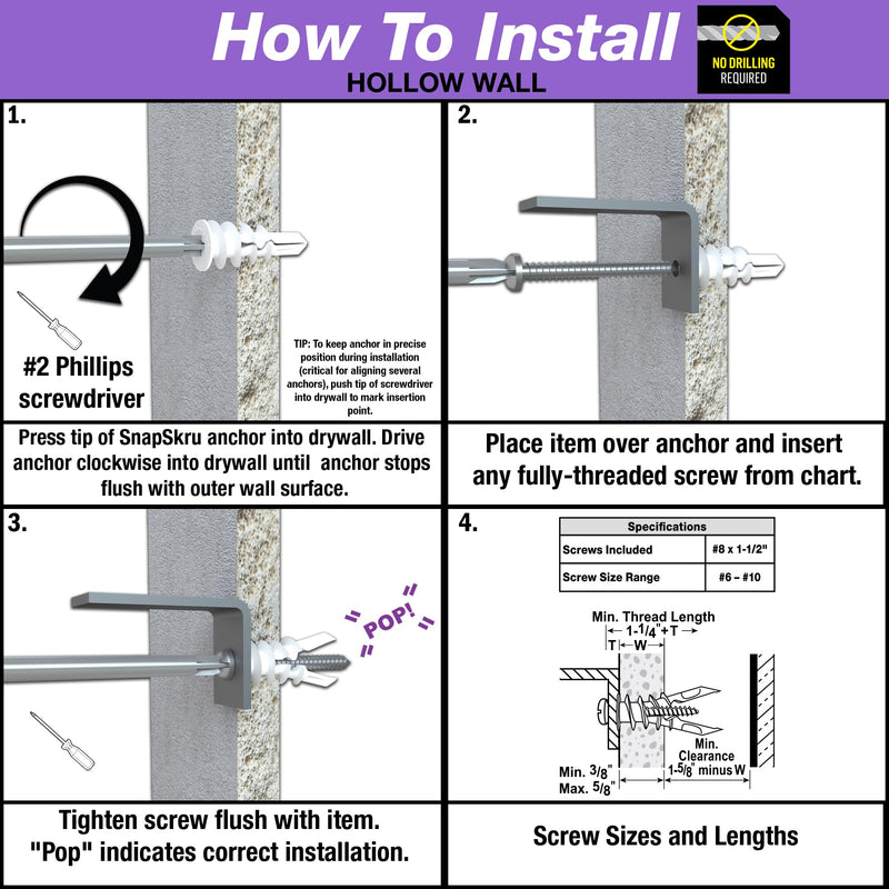 TOGGLER SnapSkru SP Self-Drilling Drywall Anchor for Hollow Wall Application, Glass-Filled Nylon, Made in US, for #6 to #10 Fastener Sizes 100 Pack w/ Screws
