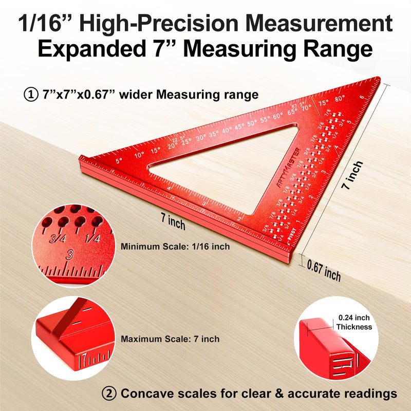 7 inch Carpenter Square, 1/16" Precision Hole Scribing Square Tools, 0-90° Aluminum Alloy Rafter Square, Woodworking Square with Stair Gauge & Carpenter Pencils 12 Refills AM13F Imperial: 7 inch Square+Pencil+Stair Gauge US