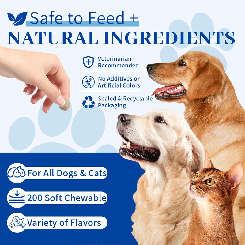 Dog Multivitamin for Reduced Shedding, 200 Ct Chewable Dog Supplements and Vitamins with 250mg Omega-3s, Probiotics & Minerals for Shiny Coat & Immune Support, Nutrient Absorption Enhancer