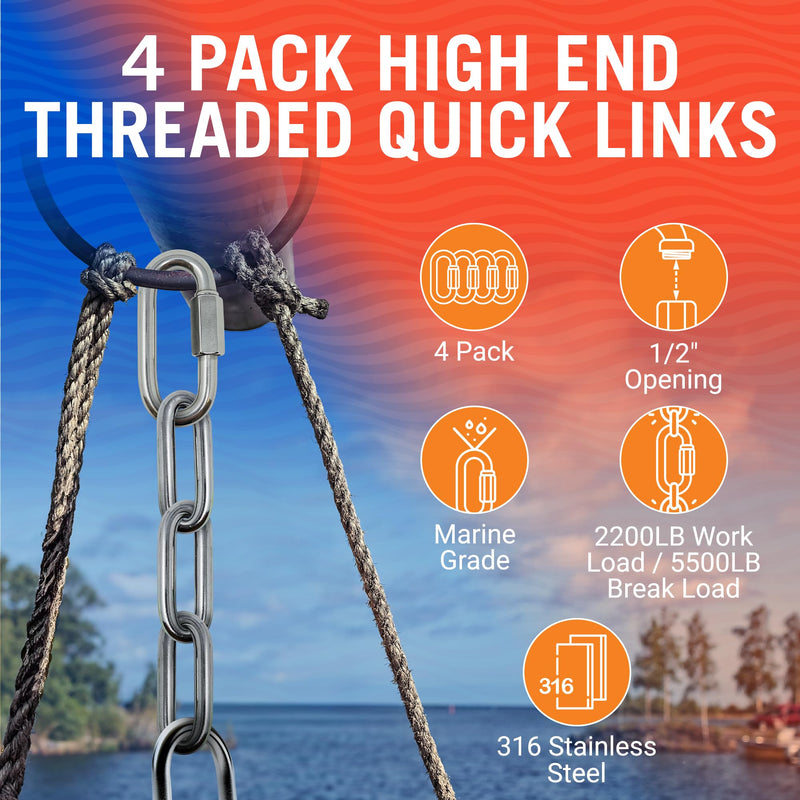 316 Stainless Steel Locking Chain Link, Threaded Quick Link Chain Connector Clips, Heavy Duty D Shape Quicklinks, 1/2", 3/8", 5/16", 1/4" Small Sizes, Marine Grade, 4 Pack Safety Links 3/8" 3/8 "