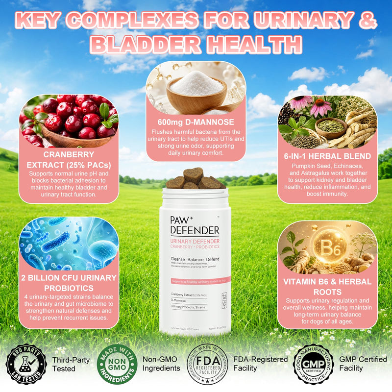 Dog UTI Treatment, Cranberry Supplement for Dogs, Urinary Tract & Bladder Incontinence Support with Natural Cranberry Extract & D-Mannose & UT Probiotics, Includes 10 Urine Test Strips, 120 Chews
