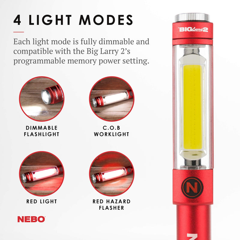 NEBO Big Larry 2 Work Light | 500 Lumens, 4 Light Modes, Magnetic LED Flashlight & Portable COB Task Lamp, Battery Powered, Pocket Clip, Water Resistant, Includes 3x AA Batteries — Red